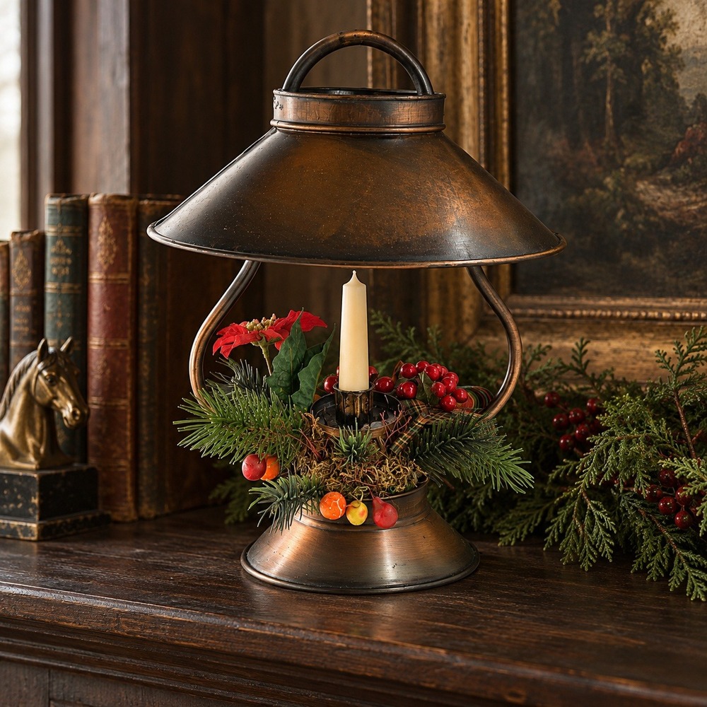 Vintage Copper Tone Lantern Candle Holder, Christmas Taper Centerpiece